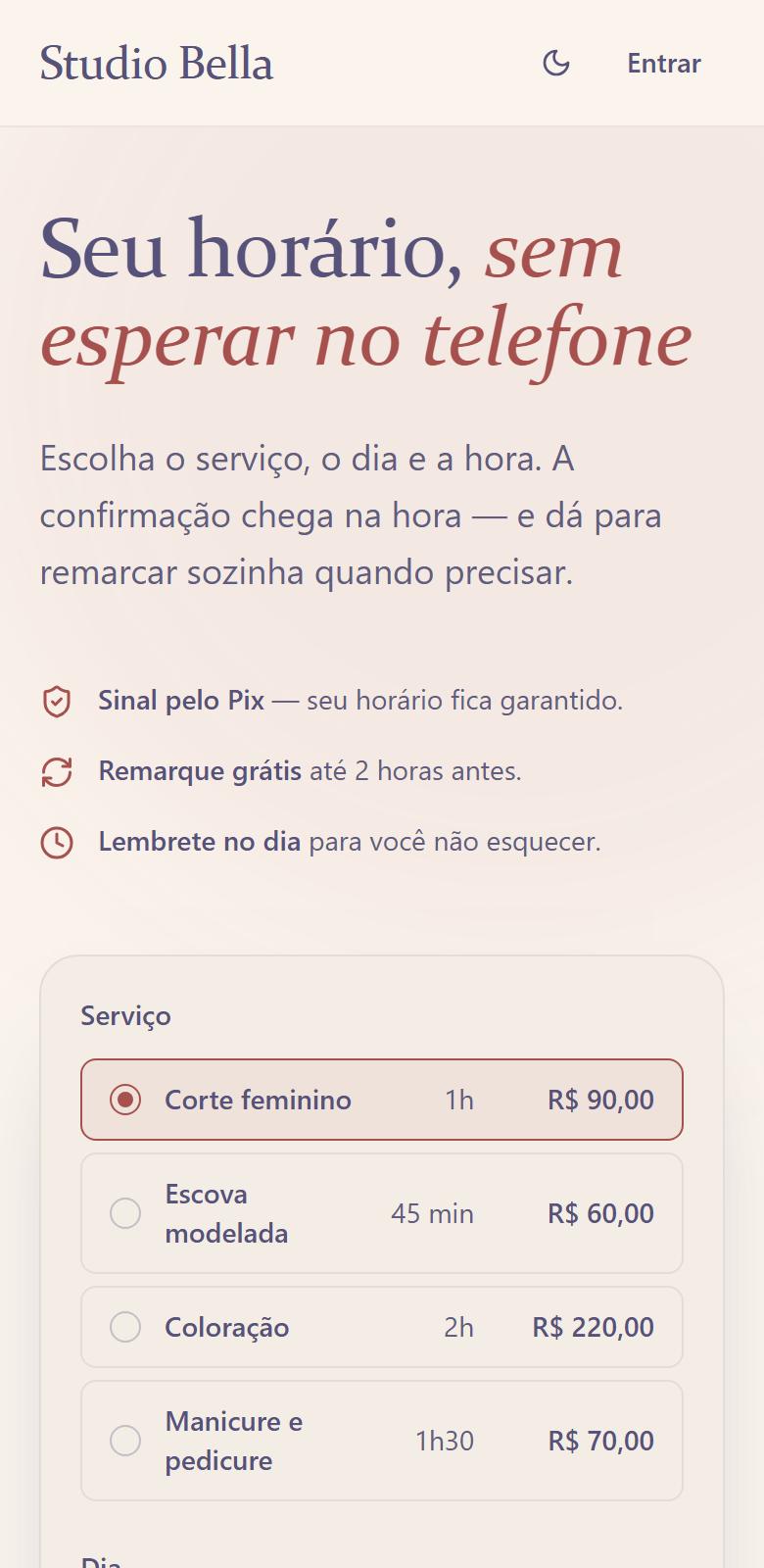 Agenda: Agenda para seus clientes marcarem horário. Exemplo “Studio Bella”.
